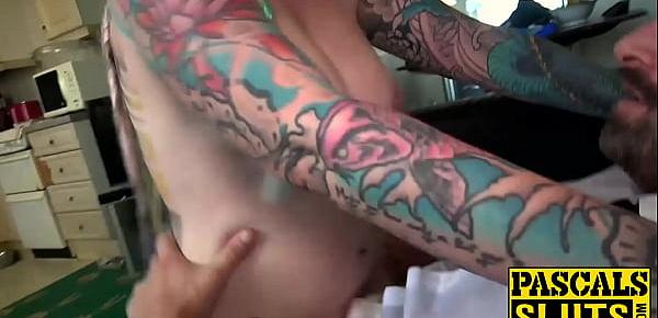  Inked British sub has her throat and pussy hammered rough